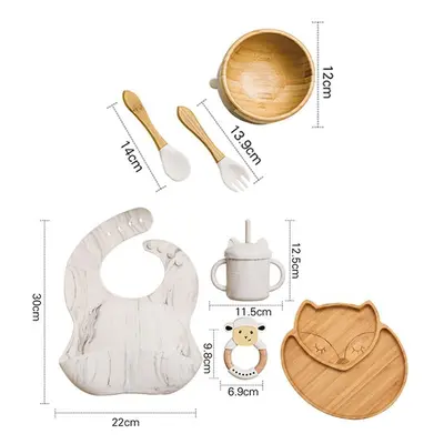 (7pcs Marble set-02) Wooden Dinner Plate Feeding Supplies Bamboo Baby Tableware Silicone Suction