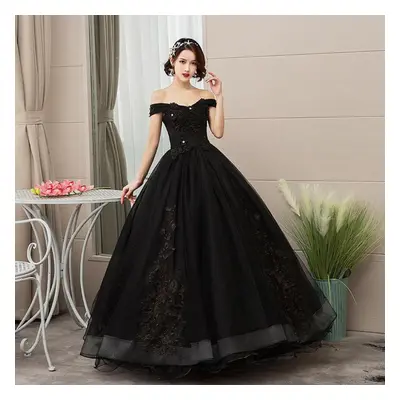 (black, XXXL) Chorus Compere Party Banquet Women Off Shoulder Applique Embroidery Solid Color El