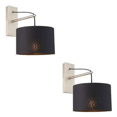 2 PACK Matt Nickel Wall Light & Black Cotton Fabric Shade - Hanging Wall Fitting