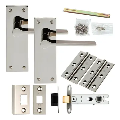 Door Handle & Latch Pack Polished Nickel Flat Straight Lever Slim Backplate