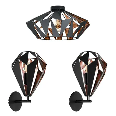 Low Ceiling Light & 2x Matching Wall Lights Black Copper Geometric Lamp Shade