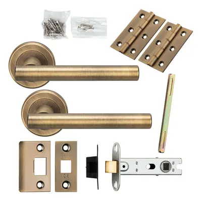 Door Handle & Latch Pack Antique Brass Round T Bar Lever Screwless Round Rose