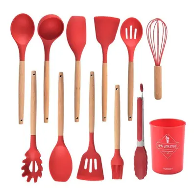 (red, 12pcs (with storage bucket )) Non-stick Silicone Kitchenware Cooking Utensils Set Cookware