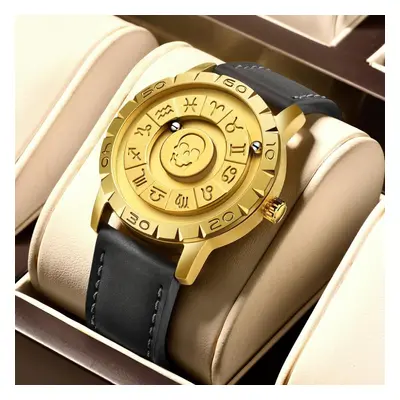 (gold, Leather strap) Lige Brand Foxbox New Personalized Original Men Quartz Watch Skull Dial Ma