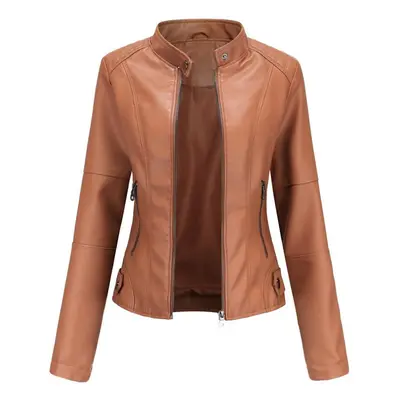 (camel, XXL) Women&apos;s Slim Fit Spring Autumn Solid Color Long Sleeve Stand Collar Leather Ja