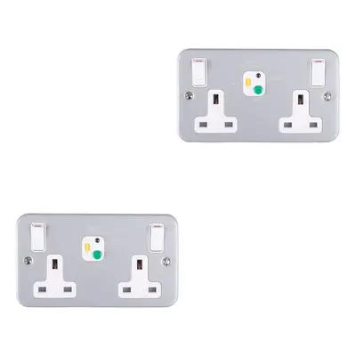 2 PACK Gang Double 13A Swithed UK Plug Socket - 30mA Passive RCD - METAL CLAD