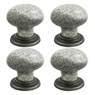 4x Porcelain Mushroom Cupboard Door Knob 36mm Dia Antique Steel Blue Glaze