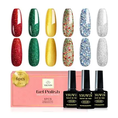 6PCS Christmas Sparkle Gel Nail Polish Kit, Glitter Green Red Silver Gold Nail Polish,Diamond Si