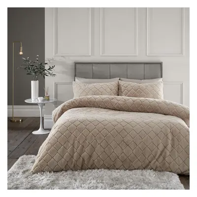 Catherine Lansfield Cosy Diamond Faux Fur Super King Duvet Cover Set with Pillowcases Natural