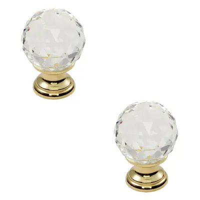 2x Faceted Crystal Cupboard Door Knob 25mm Dia Polished Brass Cabinet Handle