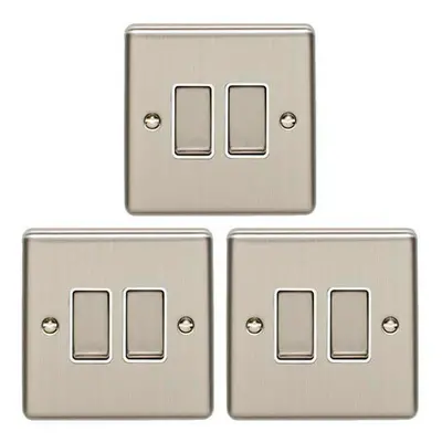 3 PACK Gang Double Metal Light Switch SATIN STEEL Way 10A White Trim