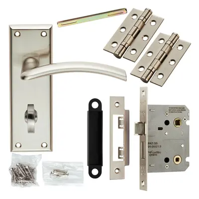 Door Handle & Bathroom Lock Pack Satin Nickel Curved Arched Lever Backplate