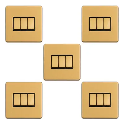 5 PACK Gang Triple Light Switch SCREWLESS SATIN BRASS Way 10A Slim Rocker