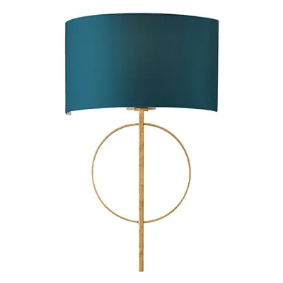 Antique Gold Leaf Wall Light & Teal Satin Half Shade Dimmable LED Filament Lamp