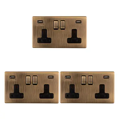 3 PACK Gang Double 13A UK Plug Socket & 2.1A USB-A SCREWLESS ANTIQUE BRASS