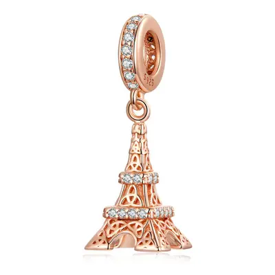 Love Paris Eiffel Tower Rose Gold Dangle Charm Pendant With Cubic Zirconia Genuine Sterling Silv