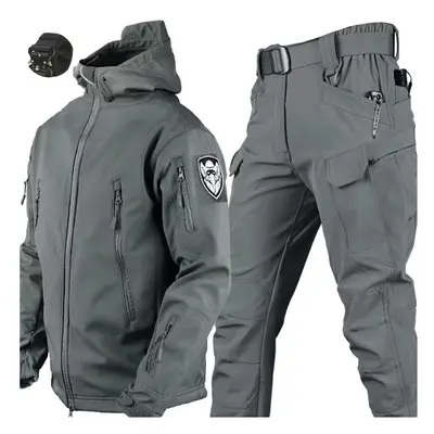 (Gray Suit X7, 85-95kg) Waterproof Hiking Tracksuit Set for Men Sharkskin Army Jackets Camping C