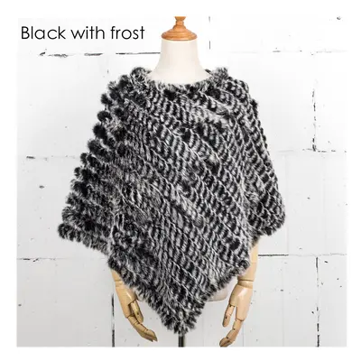 (Black with frost, One Size) Women Knit Rabbit Fur Shawl Poncho Cape Robe Tippet Wrap Female Gir