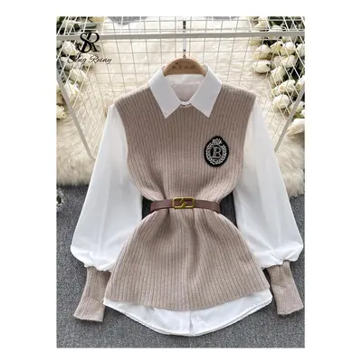 (khaki, One Size) SINGREINY Korean Style Knitted Sleeveless Badge Sweater Pullover+Single Breast