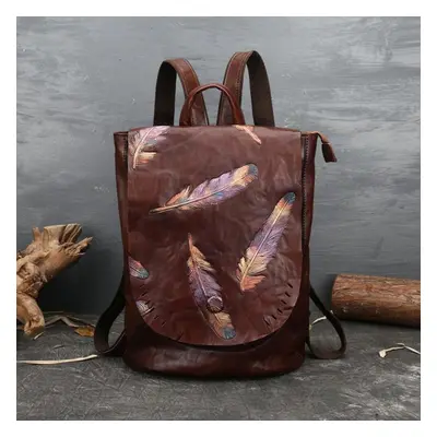 (dark red, 27cm*15cm*37cm) Genuine Leather Feather Embossing Backpack Cow Leather Vintage Women 