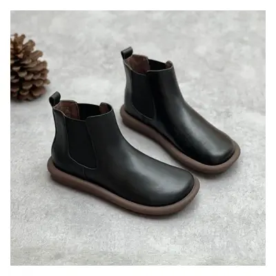 (black, 38) Johnature Genuine Leather Round Toe Short Boots Casual Solid Color Soft Sole Versati