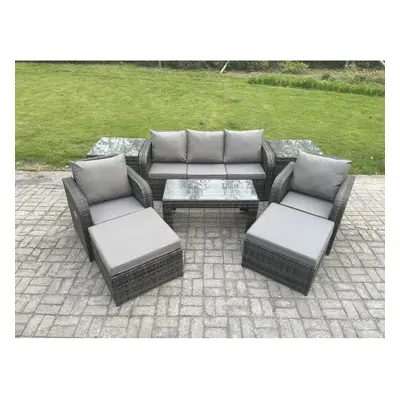 Fimous Rattan Garden Furniture Set with Rectangular Coffee Table Side Tables Big Footstool Seate