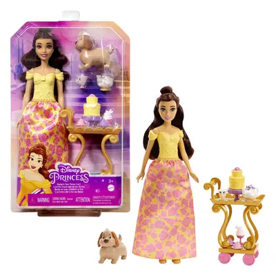 Mattel Disney Princess Toys, Belle Doll with Shiny Clothing, Tea Cart, Friends and Food Pieces, 