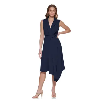 DKNY Women's Asymetrical Hem Scuba Crepe V-Neck Dress Navy