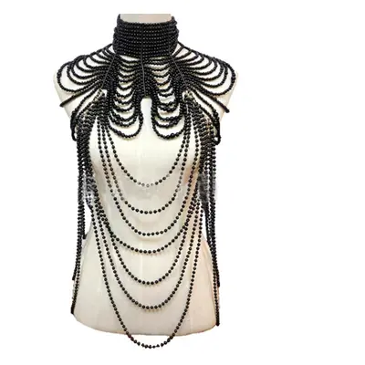 (black) Women Layered Faux Pearl Bib Necklace Collar Beads Tassel Jewelry Shoulder Chain