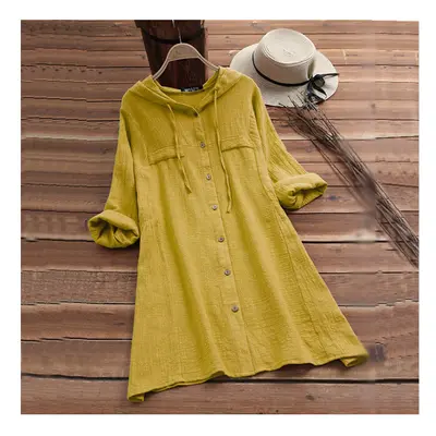 (Lemon yellow, XXXL) Women's Drawstring Cotton and Linen Solid Color Hat Loose Hooded Long Sleev