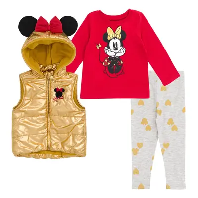 Disney Minnie Mouse Little Girls Zip Up Vest Puffer T-Shirt and Leggin