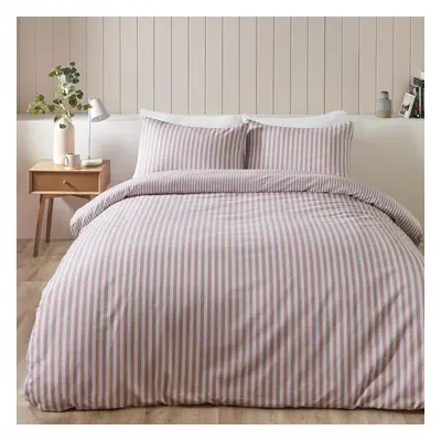 Catherine Lansfield Brushed Stripe Cotton Reversible King Duvet Cover Set with Pillowcases Blush