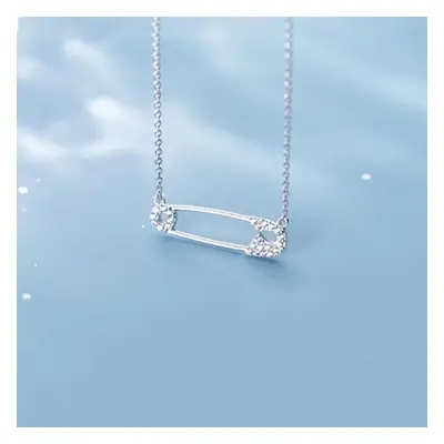 (silver) Real Sterling Silver Safety Pin Necklace For Women Cubic Zirconia Pin Shape Necklaces C