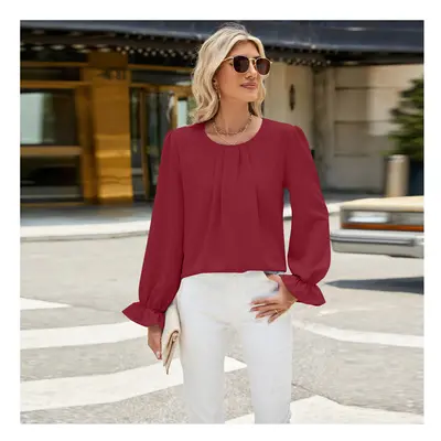 (XXL, wine red) New Solid Color Round Neck Long Sleeved Loose Chiffon Top for Women