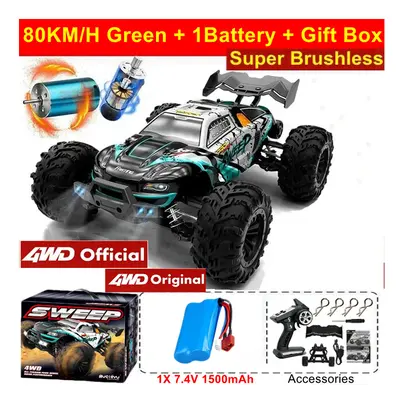 (4WD 80KM Green 1B) 1:16 80km/h Brushless RC Drift Car With LED Lights 4WD Electric High Speed R