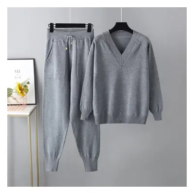 (gray, OneSize) Autumn Winter V Neck Solid Color Long Sleeve Sweater Haren Pants Sets For Ladies