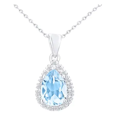 Jewelco London 9ct White Gold Round 7pts Diamond Pear 3.5ct Blue Topaz Teardrop Pendant Necklace