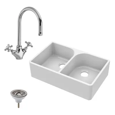 795mm - Fireclay Double Bowl Full Weir Butler Kitchen Sink - Mono Mixer Tap & Waste