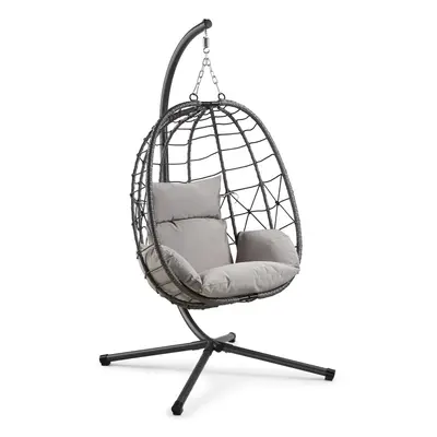 VonHaus Hanging Egg Chair - Grey Rattan Garden Swing with Stand - Seater with Padded Cushions an