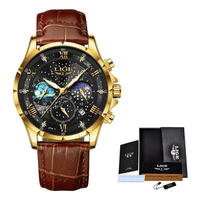 (brown,gold) Lige New Fashion Men Watch Luxury Business Starry Sky Leather Men Quartz Watch Nigh