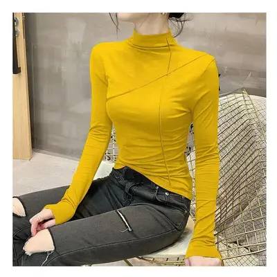 (Yellow, L) Spring Autumn Women's Clothing Solid Color Pullover Long Sleeve Comfortable Half Hig