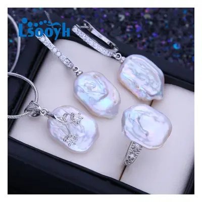 (white) Lsooyh Natural Freshwater Big Baroque Pearl Necklace Square Pendant Fashion Drop Earring