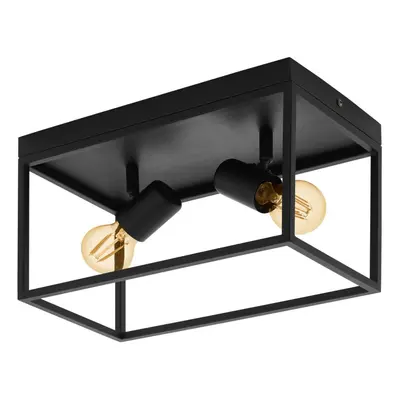 Flush Ceiling Light Colour Black Open Metal Frame Box & Holders Bulb E27 2x40W