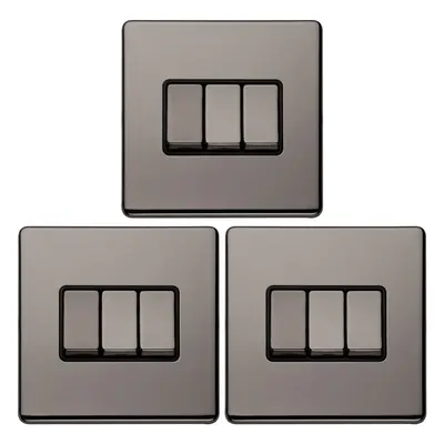 3 PACK Gang Triple Light Switch SCREWLESS BLACK NICKEL Way 10A Slim Rocker