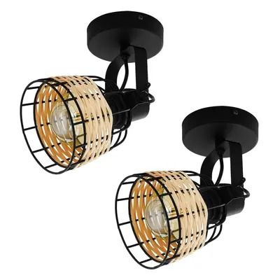 2 PACK Wall / Ceiling Light Black & Wicker Adjustable Spotlight 1x 40W E27