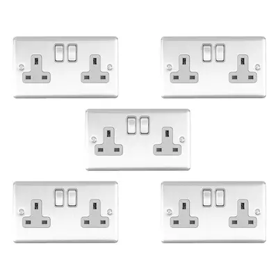 5 PACK Gang Double UK Plug Socket SATIN STEEL & Grey 13A Switched Outlet