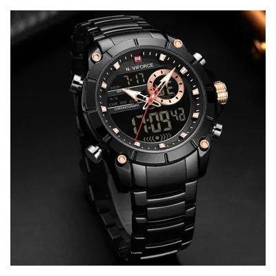 (Black) Naviforce Mens Fashion Dual Display Watches Stainless Steel Luxury Digital Wristwatch