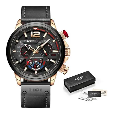 (Gold Black) LIGE New Fashion Mens Leather Quartz Watch For Men Top Brand Luxury Wristwatch Wate