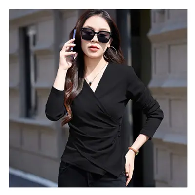 (Black, XXXL) #0439 Long Sleeve T Shirt Women V-neck Sexy Wrap Short T-shirt Female Folds Skinny