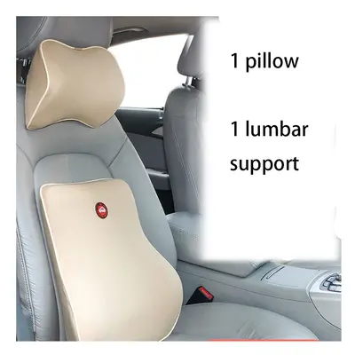 (A Beige Set(2pcs)) Breathable Car Seat Headrest Neck Pillow Auto Car Seat Pillow Memory Foam